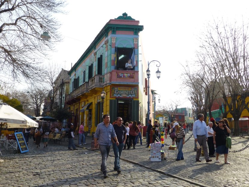 Street corner in La Boca neighborhood with colorful buildings