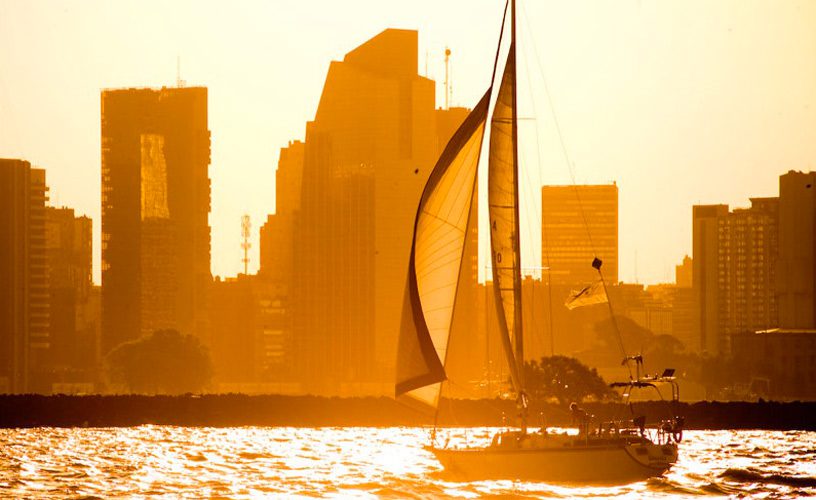 boat on Rio de La Plata in Buenos Aires at sunset